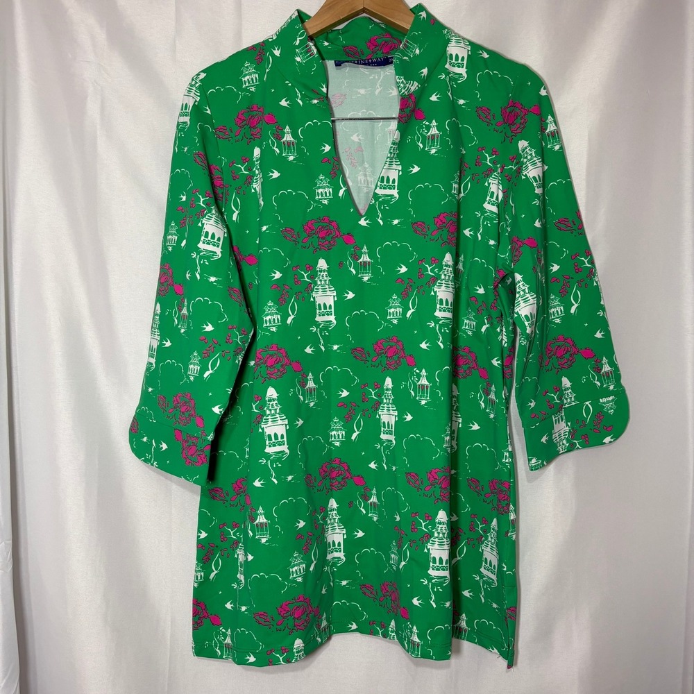 Katherine Way Green Chinoiserie Golf Tunic Top Womens 2XL Pink Floral Pagoda USA